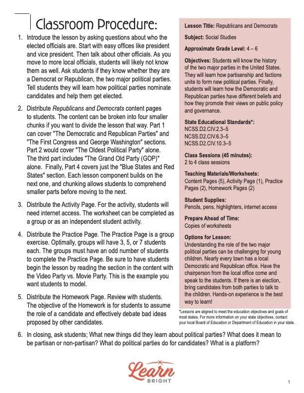 This is the teachers guide for the Republicans and Democrats lesson plan. The orange Learn Bright logo is at the bottom of the page.
