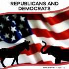 This is the title page for the Republicans and Democrats lesson plan. The main image is of an American flag with the profiles of a donkey and an elephant in the front. The orange Learn Bright logo is at the top of the page.