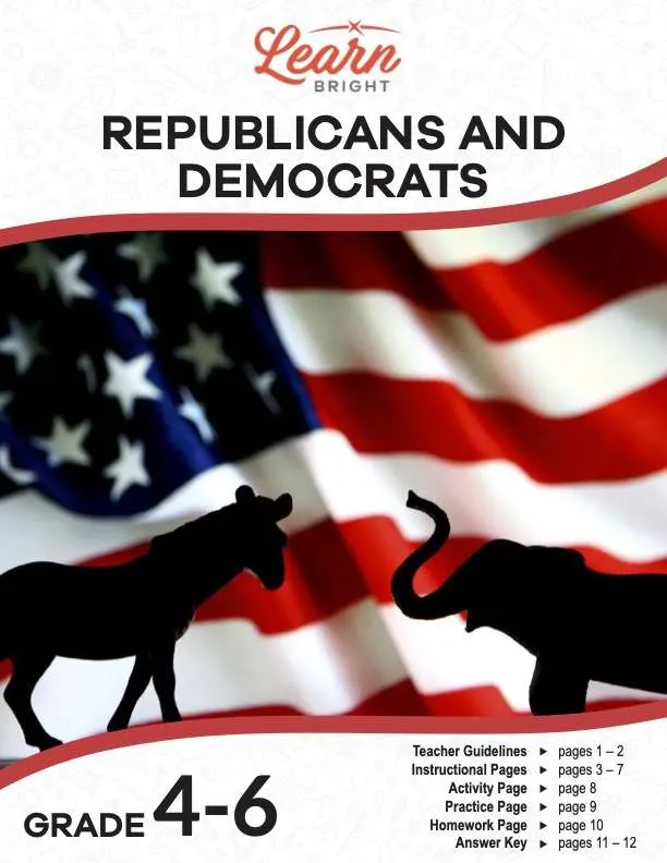This is the title page for the Republicans and Democrats lesson plan. The main image is of an American flag with the profiles of a donkey and an elephant in the front. The orange Learn Bright logo is at the top of the page.