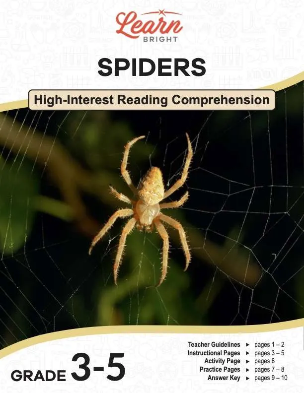 This is the title page for the Spiders lesson plan. The main image is of a yellowish spider hanging from its silk web. The orange Learn Bright logo is at the top of the page.