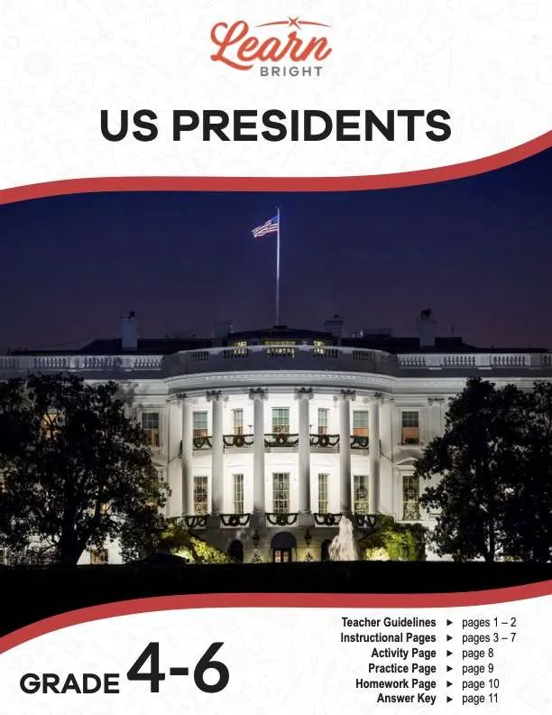 This is the title page for the US Presidents lesson plan. The main image is of the White House at night. The orange Learn Bright logo is at the top of the page.