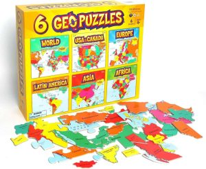 GeoToys — 6 GeoPuzzles Set in One Box — Educational Kid Toys for Boys and Girls, 50+ Piece Geography Jigsaw Puzzles, Jumbo Size Kids Puzzles — Ages 4 and up