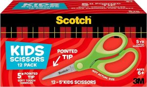 Scotch 5" Soft Touch Blunt Tip Kids Scissors, 12 Count Teacher’s Pack, Green, All-Purpose Scissors for School and Crafts (1442P-12)