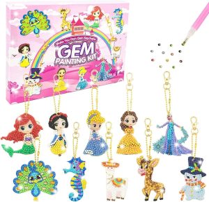 Crafts for Girls Ages 8-12 - Diamond Painting Kits for Kids - 10Pcs Make Your Own GEM Princess Keychains by Numbers DIY Arts and Crafts Birthday Thanksgiving Christmas Gifts for Boys Ages 4 5 6 7 8 9