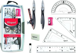 Maped Study Geometry 10 Piece Set, Includes 2 Metal Study Compasses, 2 Triangles, 6 Ruler, 4 Protractor, Pencil for Compass, Pencil Sharpener, Eraser, Lead Refill (897010)