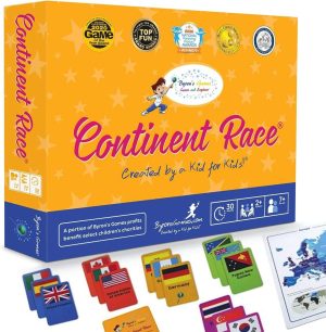 Continent Race Geography Learning Educational Game for Kids 7 Years and Up Trivia Card Board Game 2-4 players for Family Activities, Game Night by Byron’s Games Award Winning