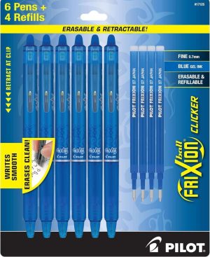 Pilot Frixion Erasable Pens - 6 Pack of Blue Ink Pens + 4 Bonus Refills - Frixion Clicker Erasable Pens Retractable Gel Ink Pen - Fine Point 0.7 mm Used for Rocketbook & Notebook