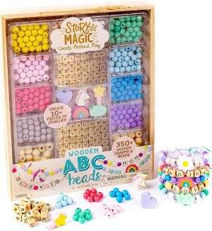 Story Magic Wooden ABC Bead Kit, Premium Wood Jewelry Making Kit, 350+ Wooden Beads & Charms for Beading Bracelets, Great for Playdates & Sleepovers, Arts & Crafts Kit Set for Kids Ages 4, 5, 6, 7