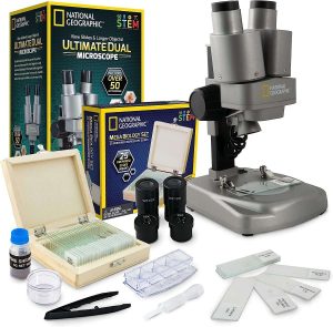 NATIONAL GEOGRAPHIC Kids Microscope Science Kit - Dual LED Microscope for Kids, Ultra Bright 20x & 50x Magnification, 35 Microscope Slides, Most Complete Microscope Kit for Kids 8-12, Biology for Kids