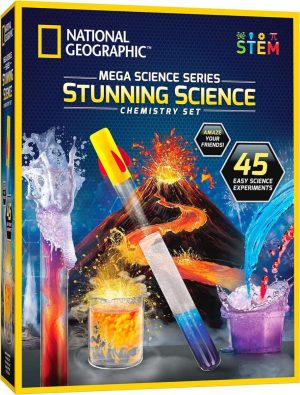 NATIONAL GEOGRAPHIC Stunning Chemistry Set - Mega Science Kit with 45 Easy Experiments- Make a Volcano and Launch a Rocket, STEM Projects for Kids Ages 8-12, Science Toys (Amazon Exclusive)