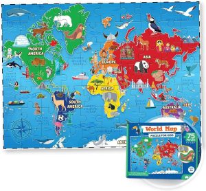 World Map Puzzle for Kids - 75 Piece - World Puzzles with Continents - Childrens Jigsaw Geography Puzzles for Kids Ages 4-8, 5, 6, 7, 8-10 Year Olds - Globe Atlas Puzzle Maps for Kids Learning Games