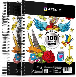 Artisto 9x12" Premium Sketch Book Set, Spiral Bound, Pack of 2, 200 Sheets (100g/m2), Acid-Free Drawing Paper, Ideal for Kids, Teens & Adults.