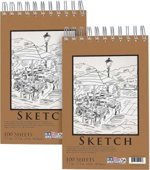 U.S. Art Supply 5.5" x 8.5" Top Spiral Bound Sketch Book Pad, Pack of 2, 100 Sheets Each, 60lb (100gsm) - Artist Sketching Drawing Pad, Acid-Free - Graphite Colored Pencils, Charcoal - Adults Students