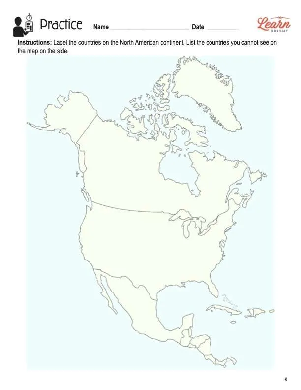 This is the practice worksheet for the All about North America lesson plan. There is an illustration of a map of North America's countries without labels. The orange Learn Bright logo is in the upper right corner of the page.