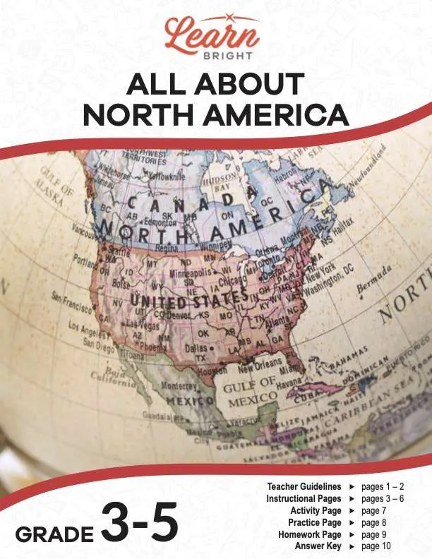 This is the title page for the All about North America lesson plan. The main image is of a globe that shows most of North America. The orange Learn Bright logo is at the top of the page.