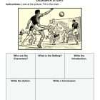 This is the homework worksheet for the Describing Story Events lesson plan. There is a picture of a soccer scene. The orange Learn Bright logo is in the upper right corner of the page.