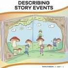 This is the title page for the Describing Story Events lesson plan. The main image is an illustration of an open picture book with the characters coming out of it. The orange Learn Bright logo is at the top of the page.