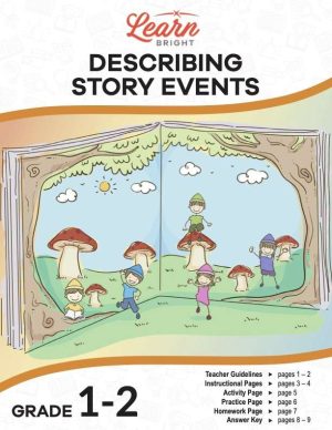 This is the title page for the Describing Story Events lesson plan. The main image is an illustration of an open picture book with the characters coming out of it. The orange Learn Bright logo is at the top of the page.