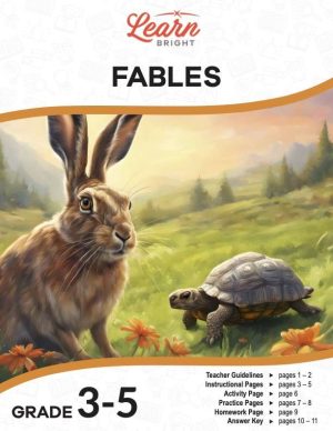 This is the title page for the Fables lesson plan. The main image is of a hare and a tortoise in a meadow. The orange Learn Bright logo is at the top of the page.