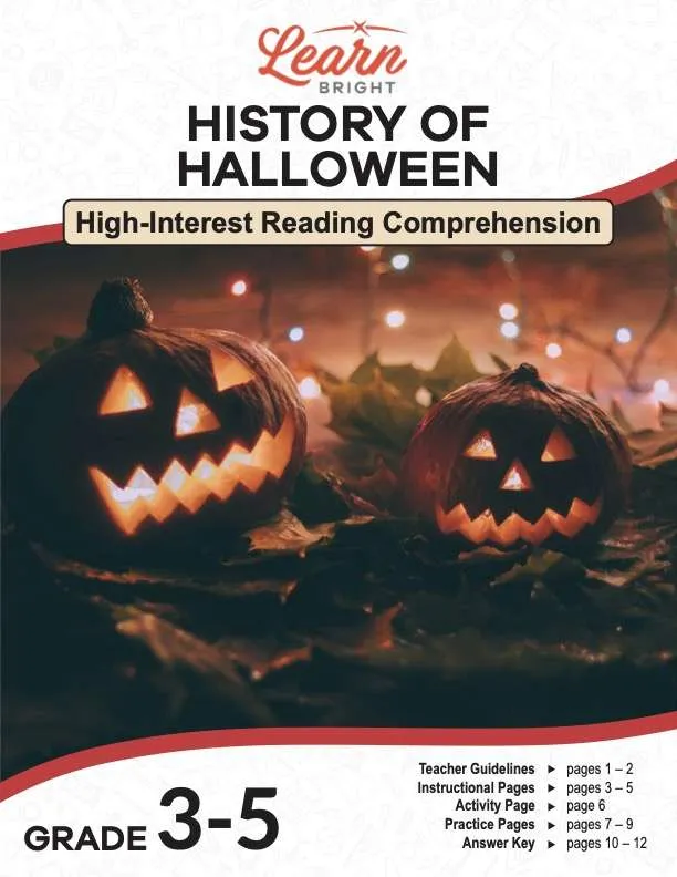 This is the title page for the History of Halloween lesson plan. The main image is of a couple of jack-o'-lanterns amidst some leaves and twinkle lights. The orange Learn Bright logo is at the top of the page.