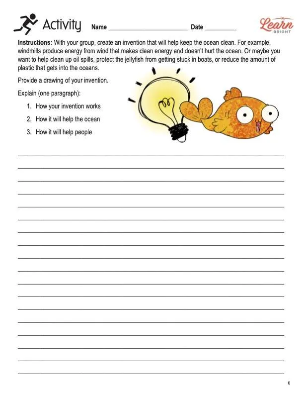 This is the activity worksheet for the Importance of Earth's Oceans STEM lesson plan. There are illustrations of a lightbulb and a fish. The orange Learn Bright logo is in the upper right corner of the page.