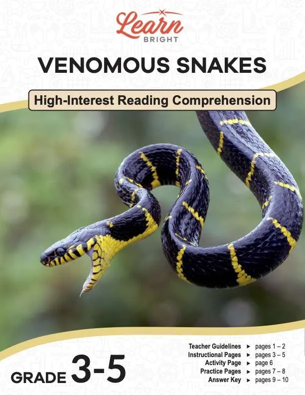 This is the title page for the Venomous Snakes lesson plan. The main image is of a gold-ringed cat snake hanging from a branch. The orange Learn Bright logo is at the top of the page.