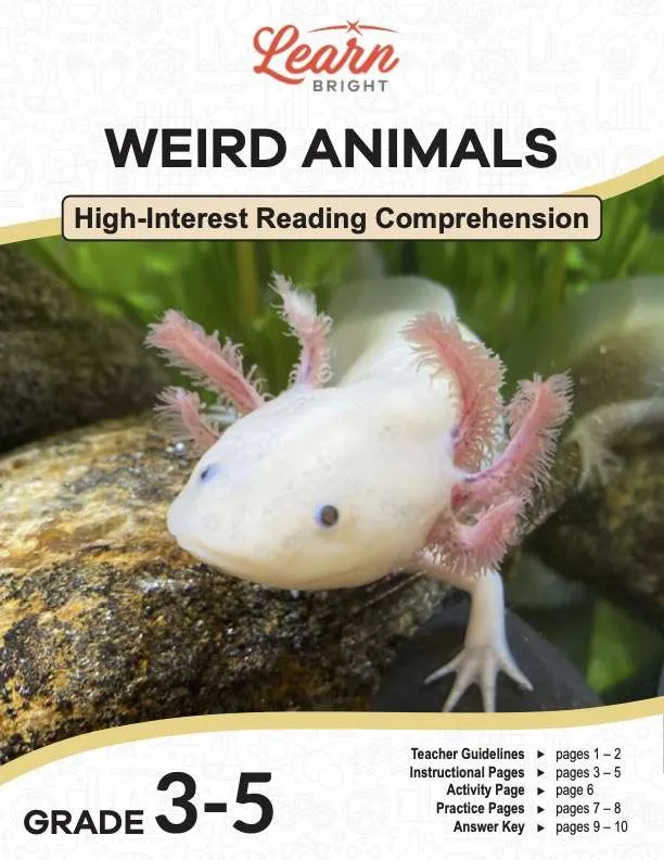This is the title page for the Weird Animals lesson plan. The main image is of a pink and white axolotl. The orange Learn Bright logo is at the top of the page.