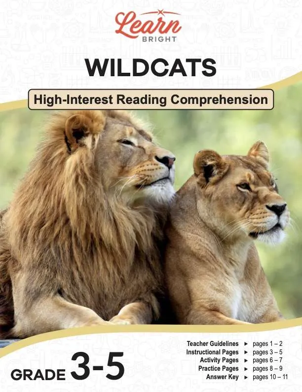 This is the title page for the Wildcats lesson plan. The main image is of a male and female lion resting next to each other. The orange Learn Bright logo is at the top of the page.