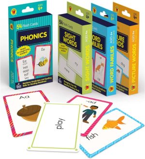 Carson Dellosa 4-Pack Reading Flash Cards for Kids Ages 4-8, Phonics Flash Cards, Sight Words Flash Cards, Word Family, and Picture Words, Kindergarten, 1st Grade, and 2nd Grade