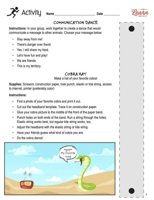 This is the activity worksheet for the Cobras lesson plan. There is an illustration of a cobra looking at a radio and gasping, "My favorite song!" There is a long, grey rectangle running from the top to the bottom of the page. The orange Learn Bright logo is in the upper right corner of the page.