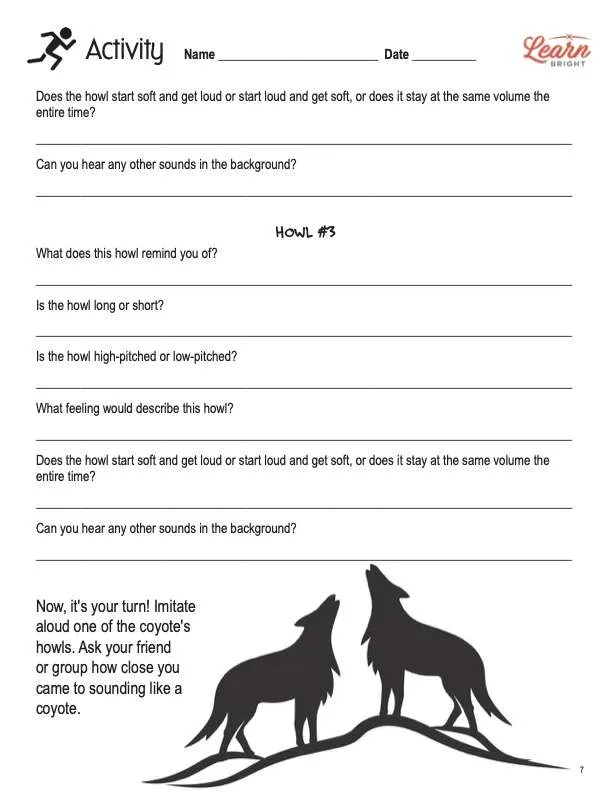 This is the activity worksheet for the Coyotes lesson plan. There is a graphic of a silhouette of two howling coyotes. The orange Learn Bright logo is in the upper right corner of the page.