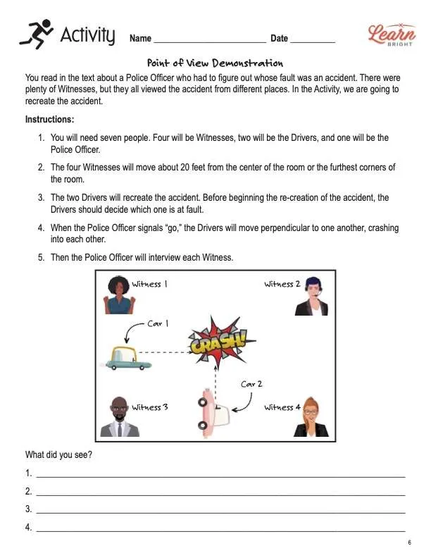 This is the activity worksheet for the Point of View lesson plan. There are graphics of people who represent witness and a police and graphics of two cars and a crash icon. The orange Learn Bright logo is in the upper right corner of the page.
