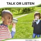 This is the title page for the Talk or Listen lesson plan. The main image is of two kids talking to each other using a string and can telephone in a green field. The orange Learn Bright logo is at the top of the page.