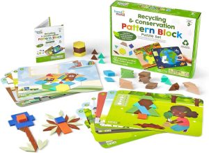 hand2mind Recycling and Conservation Pattern Block Puzzle Set, Tangram Puzzle, Geometric Shapes for Kids, Pattern Blocks Cards, Pattern Play, Toddler Pattern Blocks, Kindergarten Learning Activities
