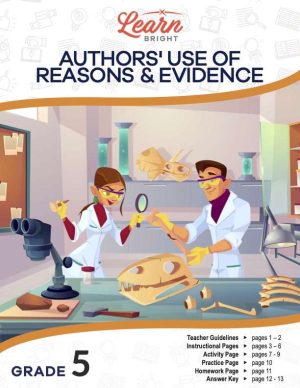 This is the title page for the Authors' Use of Reasons and Evidence lesson plan. The main image is an illustration of archaeologists working on identifying dinosaur bones. The orange Learn Bright logo is at the top of the page.