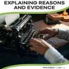 This is the title page for the Explaining Reasons and Evidence lesson plan. The main image is of someone's hands typing on an old-fashioned typewriter. The orange Learn Bright logo is at the top of the page.