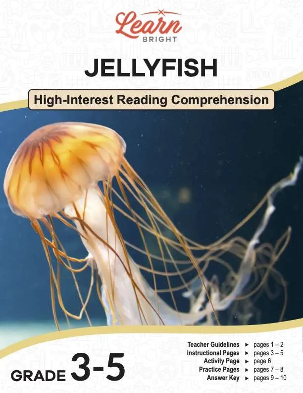 This is the title page for the Jellyfish lesson plan. The main image is of a yellow and orange jellyfish in the ocean. The orange Learn Bright logo is at the top of the page.