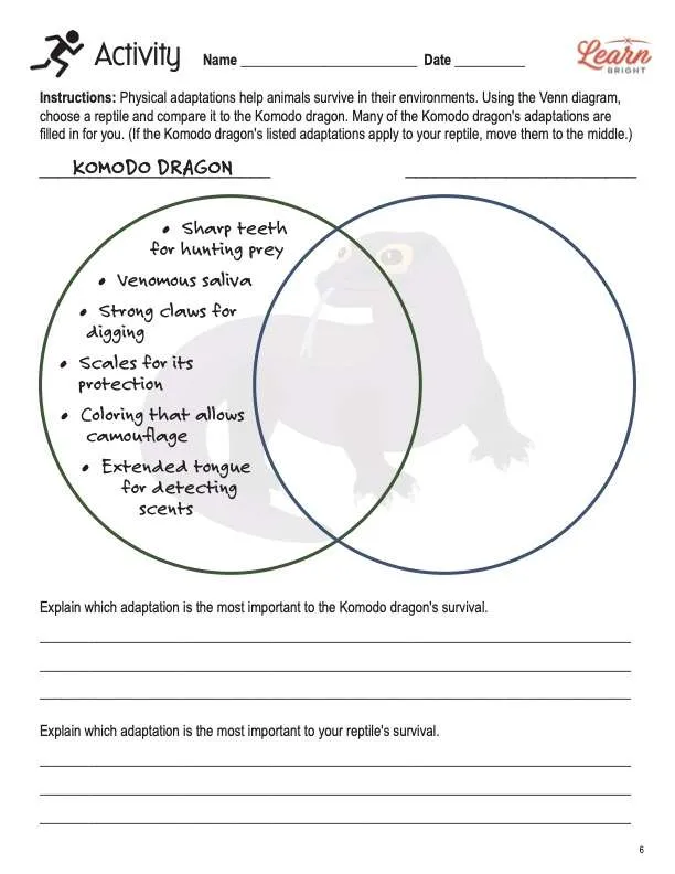 This is the activity worksheet for the Komodo Dragons lesson plan. There is a watermark of a Komodo dragon graphic. The orange Learn Bright logo is in the upper right corner of the page.