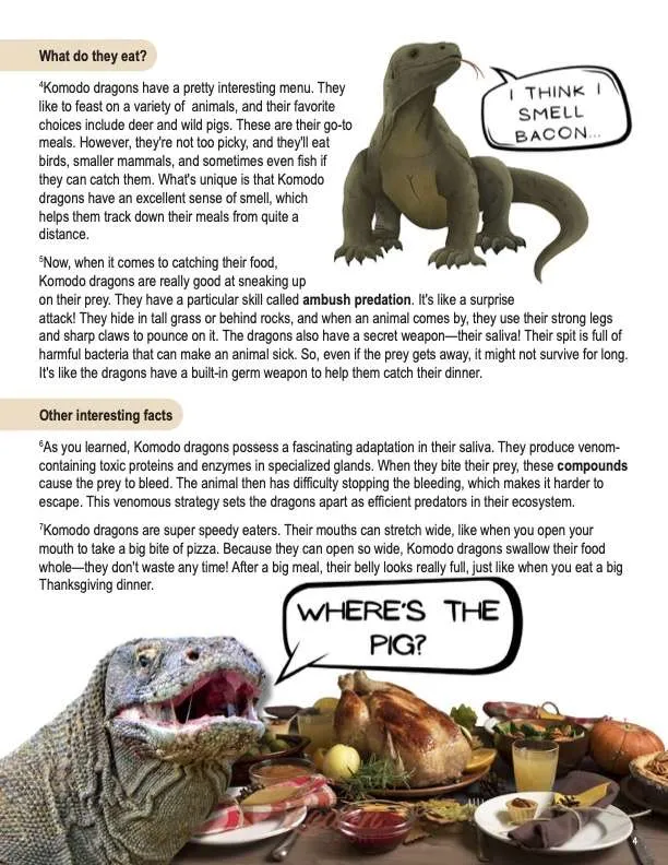 This is a content page for the Komodo Dragons lesson plan. There is an illustration of a Komodo dragon with a thought bubble that reads, "I think I smell bacon..." There is a graphic of a Komodo dragon in front of a table of Thanksgiving food saying, "Where's the pig?" The orange Learn Bright logo is at the bottom of the page.