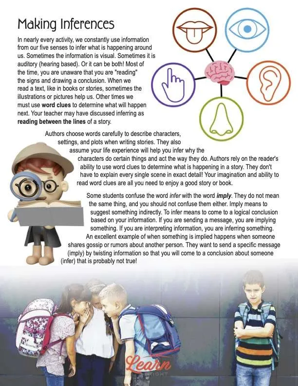 This is a content page for the Making Inferences lesson plan. There is a graphic of a brain with the five senses in circles coming out of the brain center. There is a graphic of a person with a magnifying glass looking at a book. There is an illustration of kids huddled together talking and one kid off to the side. The orange Learn Bright logo is at the bottom of the page.