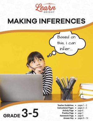 This is the title page for the Making Inferences lesson plan. The main image is of a girl sitting in front of a computer with her hand on her chin in a thinking position. A speech bubble shows the words, "Based on this, I can infer . . ." The orange Learn Bright logo is at the top of the page.
