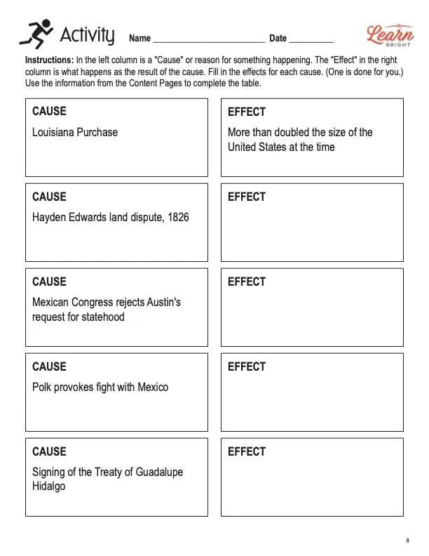 This is the activity worksheet for the Mexican-American War lesson plan. The orange Learn Bright logo is in the upper right corner of the page.