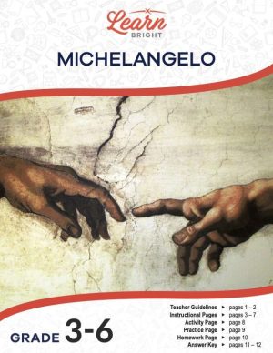 This is the title page for the Michelangelo lesson plan. The main image is a close-up photo of a section of the painting in the Sistine Chapel of God's and Adam's hands. The orange Learn Bright logo is at the top of the page.