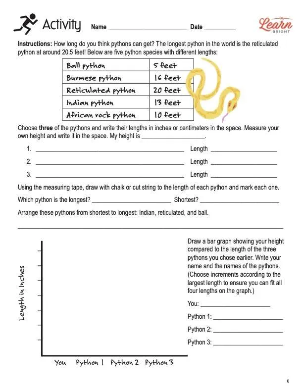 This is the activity worksheet for the Pythons lesson plan. There is a graphic of a yellow python. The orange Learn Bright logo is in the upper right corner of the page.