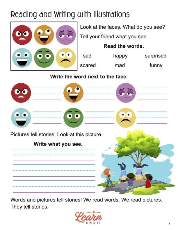 This is a content page for the Reading and Writing with Illustrations lesson plan. There are graphics that display six kinds of emoticons: happy, sad, scared, funny, angry, and surprised. There is a picture of kids playing by a tree. The orange Learn Bright logo is at the bottom of the page.