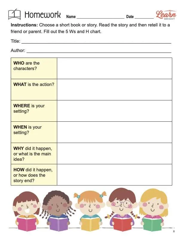 This is the homework worksheet for the Retelling Stories lesson plan. There are graphics of kids holding books. The orange Learn Bright logo is in the upper right corner of the page.