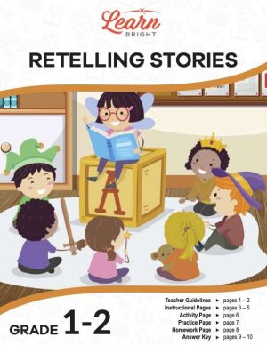 This is the title page for the Retelling Stories lesson plan. The main image is an illustration of kids in a classroom dressed up in medieval costuming reading a book. The orange Learn Bright logo is at the top of the page.