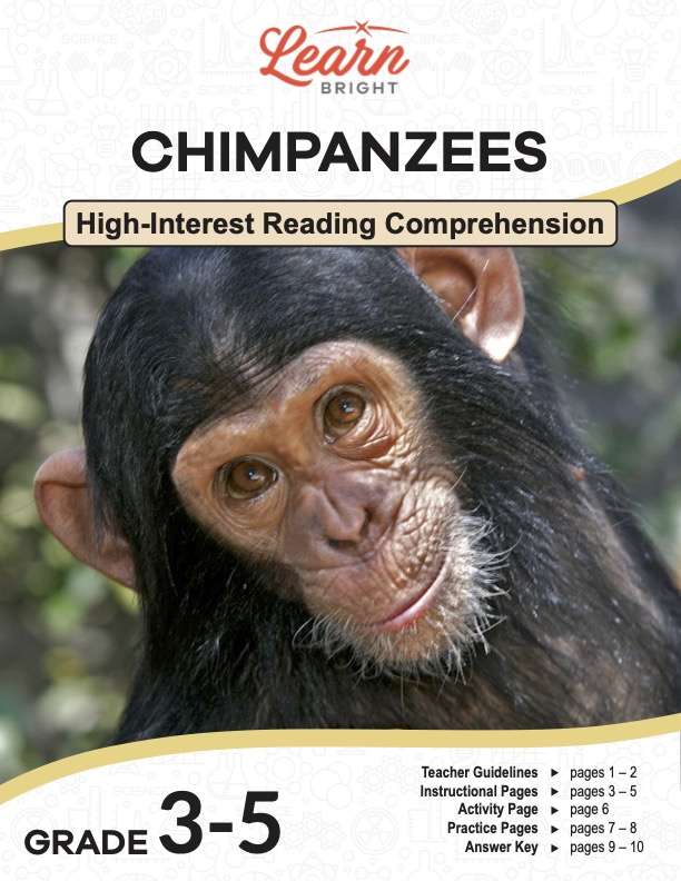 This is the title page for the Chimpanzees lesson plan. The main image is a close-up photograph of a chimpanzee smiling. The orange Learn Bright logo is at the top of the page.