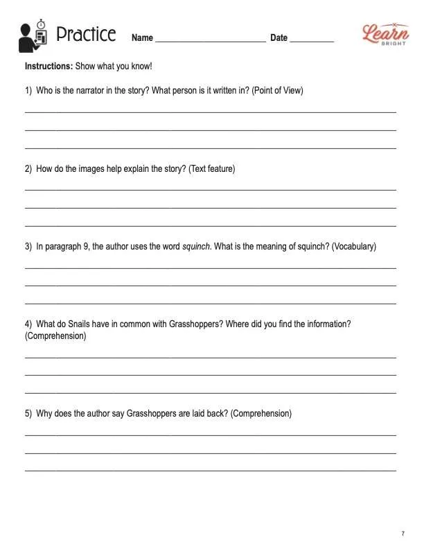 This is the practice worksheet for the Modern Ants and Grasshoppers lesson plan. The orange Learn Bright logo is in the upper right corner of the page.