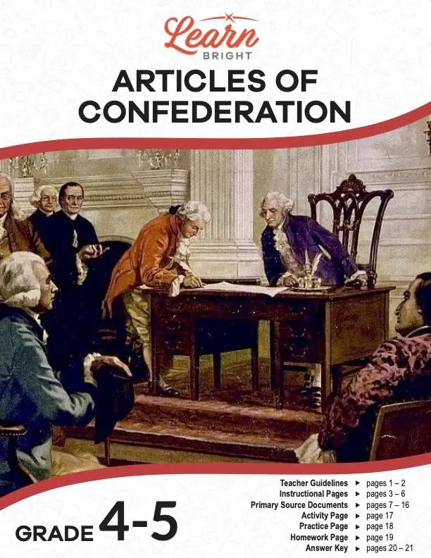 This is the title page for the Articles of Confederation lesson plan. The main image is a painting of political leaders looking over a document. The orange Learn Bright logo is at the top of the page.